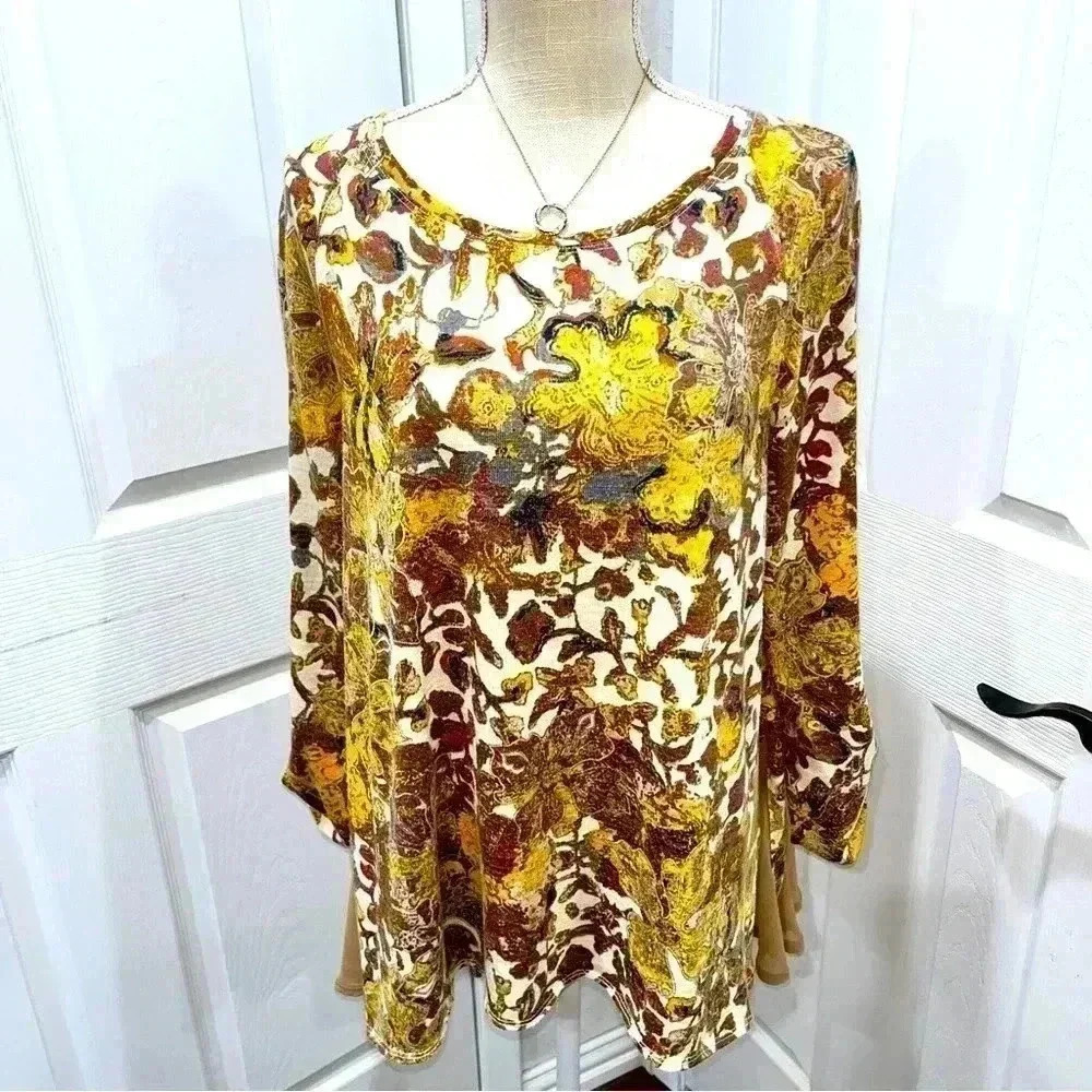 John Mark lightweight, floral sweater with embellished high/low hem